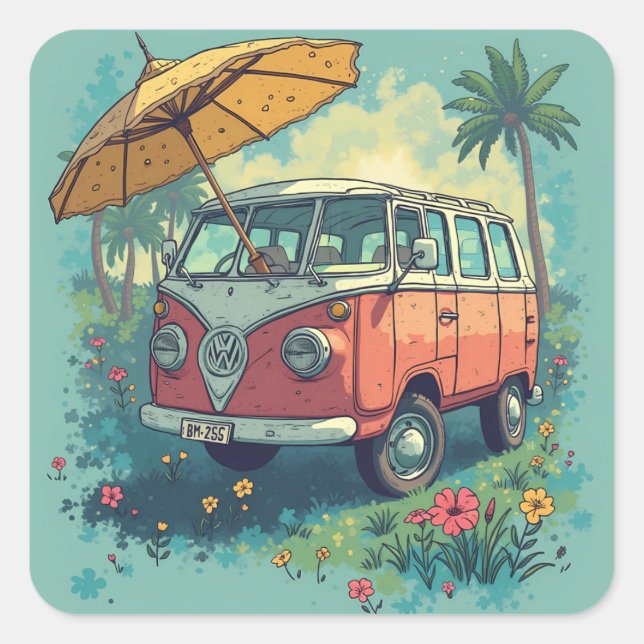 Pegatina Cuadrada Coche de viaje de pareja (Anverso)