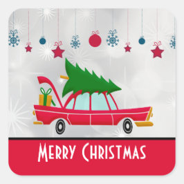 Pegatina Cuadrada Coche rojo retro que lleva un árbol de Navidad