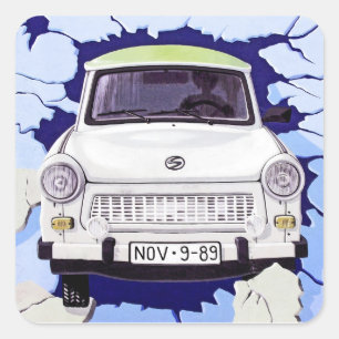 Pegatina Cuadrada Coche trabante, azul claro, muro de Berlín