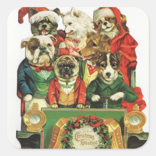 Pegatina Cuadrada Coche Vintage lleno de perros Navidades
