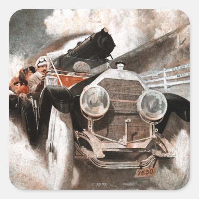 Pegatina Cuadrada Coche vs tren de William Harnden Foster (Anverso)