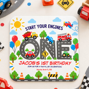 Pegatina Cuadrada Coches de Transporte Divertidos Cumpleaños 1er niñ