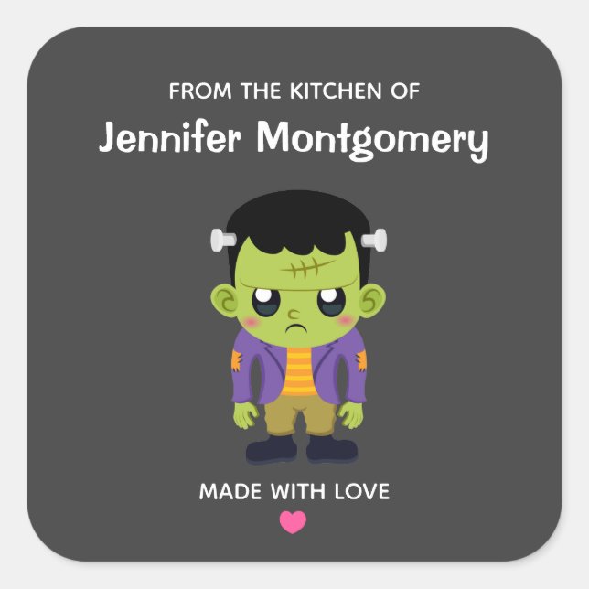 Pegatina Cuadrada Cocina de Halloween con Monstruo Frankenstein Verd (Anverso)