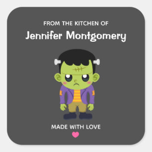 Pegatina Cuadrada Cocina de Halloween con Monstruo Frankenstein Verd