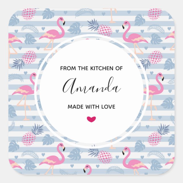 Pegatina Cuadrada Cocina singulares de diseño de flamencos y piñas (Anverso)