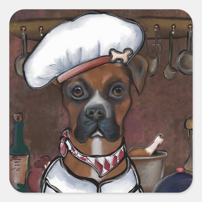 PEGATINA CUADRADA COCINERO PERRO BOXER (Anverso)