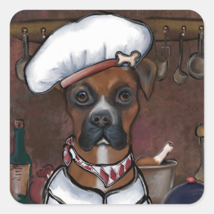 PEGATINA CUADRADA COCINERO PERRO BOXER