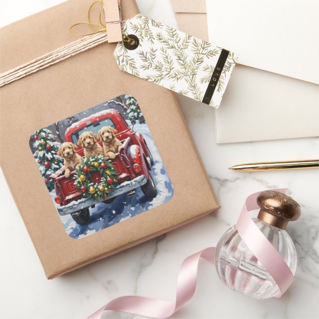 Pegatina Cuadrada Cockapoo Christmas Red Truck Holiday (Regalar)