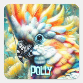Pegatina Cuadrada Cockatoo Bird Yellow Poppies Personalized