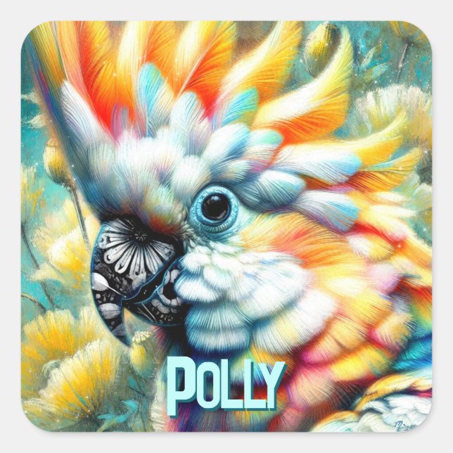 Pegatina Cuadrada Cockatoo Bird Yellow Poppies Personalized (Anverso)
