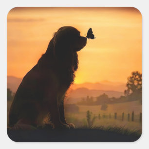 Pegatina Cuadrada Cocker Spaniel Adorable en la Puesta de Sol con Ma