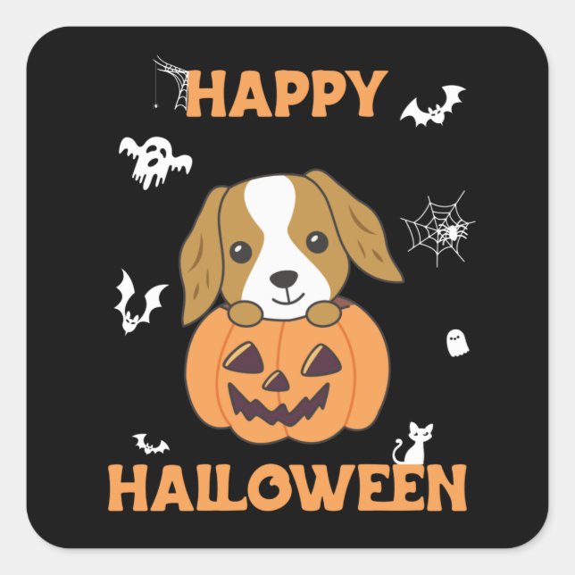 Pegatina Cuadrada Cocker Spaniel Calabaza Cute Perros Feliz Hallowee (Anverso)