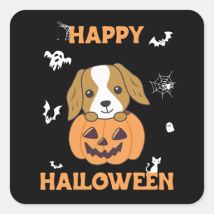 Pegatina Cuadrada Cocker Spaniel Calabaza Cute Perros Feliz Hallowee