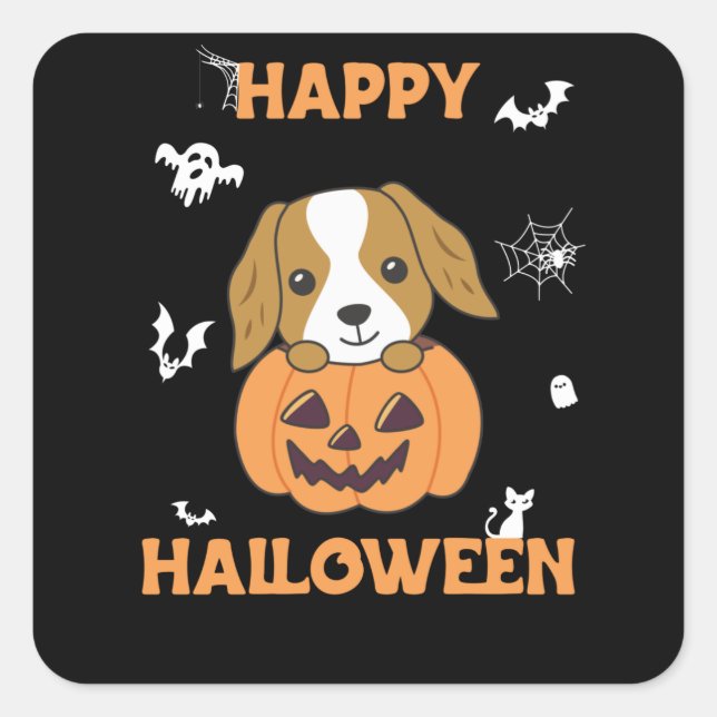 Pegatina Cuadrada Cocker Spaniel Calabaza Cute Perros Feliz Hallowee (Anverso)