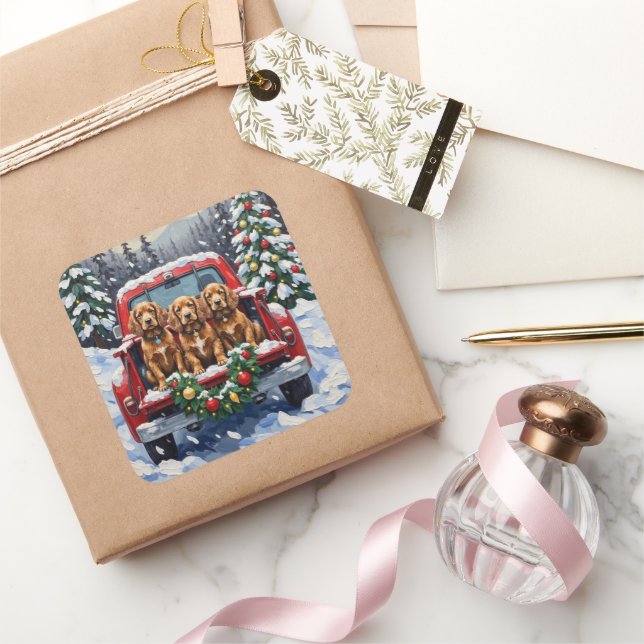 Pegatina Cuadrada Cocker Spaniel Christmas Red Truck Holiday (Regalar)