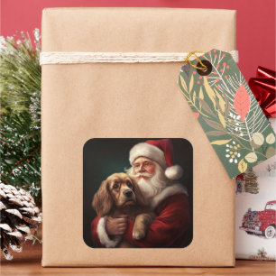 Pegatina Cuadrada Cocker Spaniel Con Santa Claus Navideño Festivo