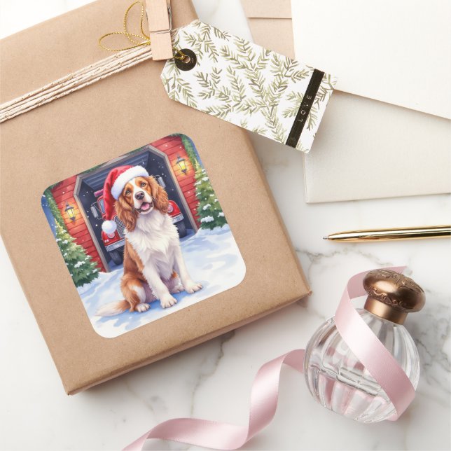 Pegatina Cuadrada Cocker Spaniel Inglés Estación de Bomberos Santa (Regalar)