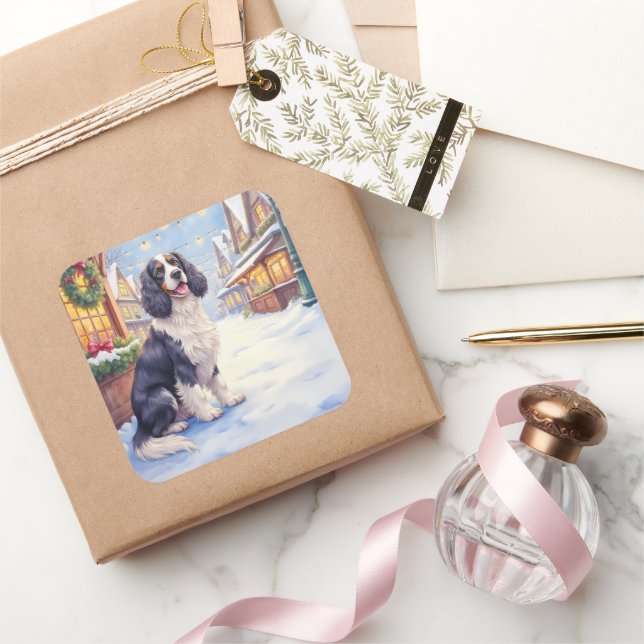 Pegatina Cuadrada Cocker Spaniel Snowy Village Christmas Art (Regalar)