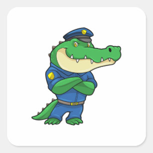 Pegatina Cuadrada Cocodrilo como oficial de policía con uniforme