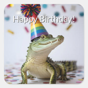 Pegatina Cuadrada Cocodrilo con sombrero de cumpleaños de arcoíris