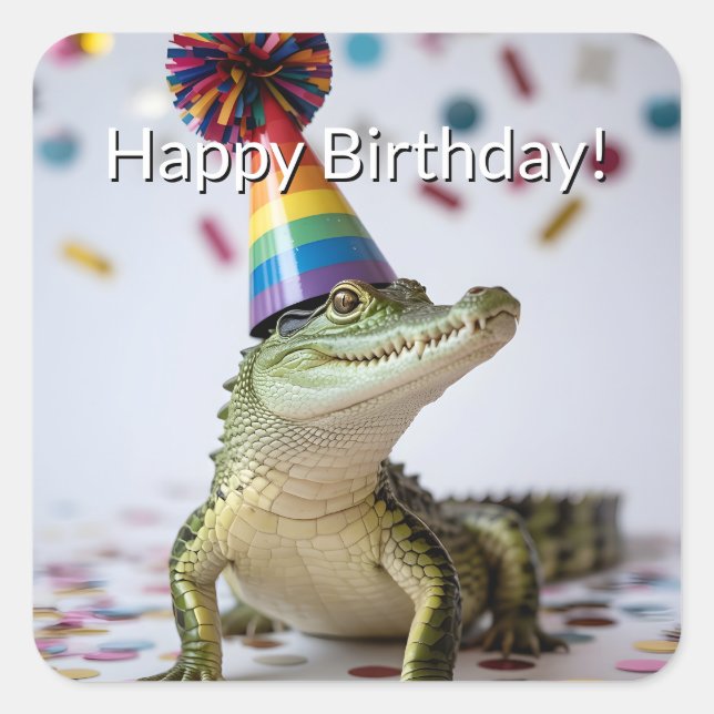 Pegatina Cuadrada Cocodrilo con sombrero de cumpleaños de arcoíris (Anverso)