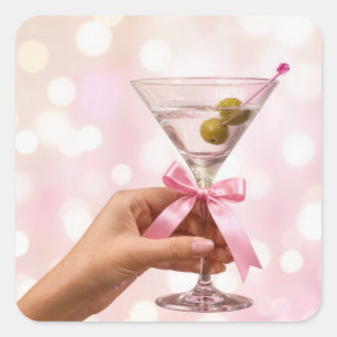 Pegatina Cuadrada Cóctel Martini con Lazo de Satén Rosa