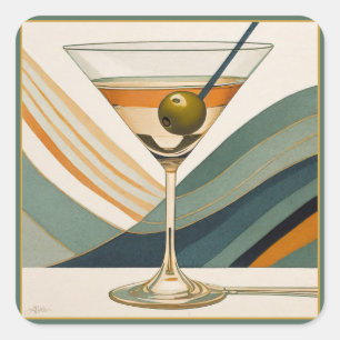 Pegatina Cuadrada Cóctel Martini Diseño de Mitad de Siglo