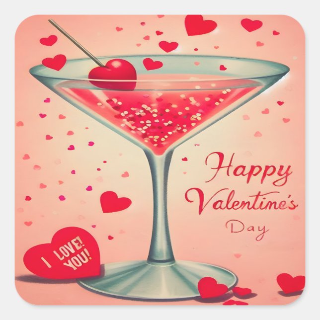 Pegatina Cuadrada cóctel Mid Century Valentine Martini (Anverso)