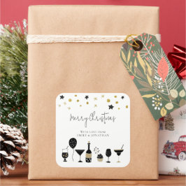 Pegatina Cuadrada Cócteles Tartas Globos Oro Negro Feliz Navidad