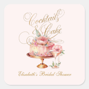 Pegatina Cuadrada Cócteles y Tarta Rosa Elegantes para Despedida de 