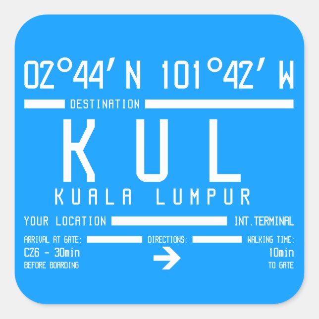 Pegatina Cuadrada Código del Aeropuerto Internacional de Kuala Lumpu (Anverso)