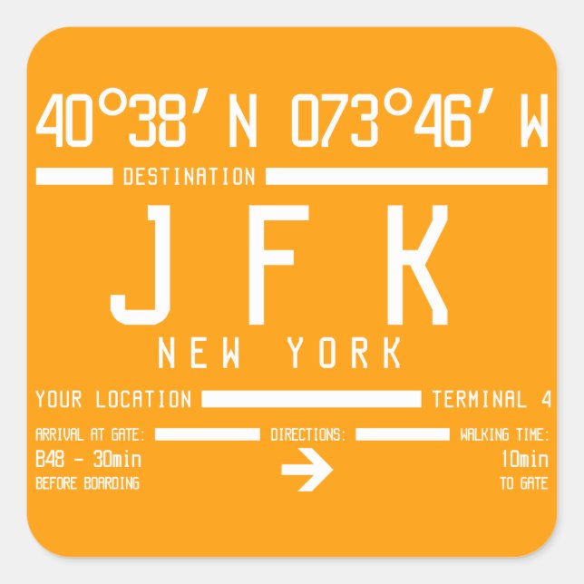 Pegatina Cuadrada Código del Aeropuerto Internacional JFK de Nueva Y (Anverso)