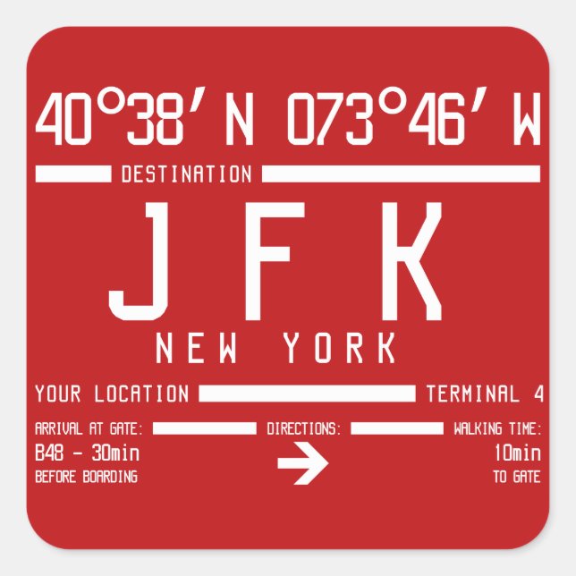 Pegatina Cuadrada Código del Aeropuerto Internacional JFK de Nueva Y (Anverso)