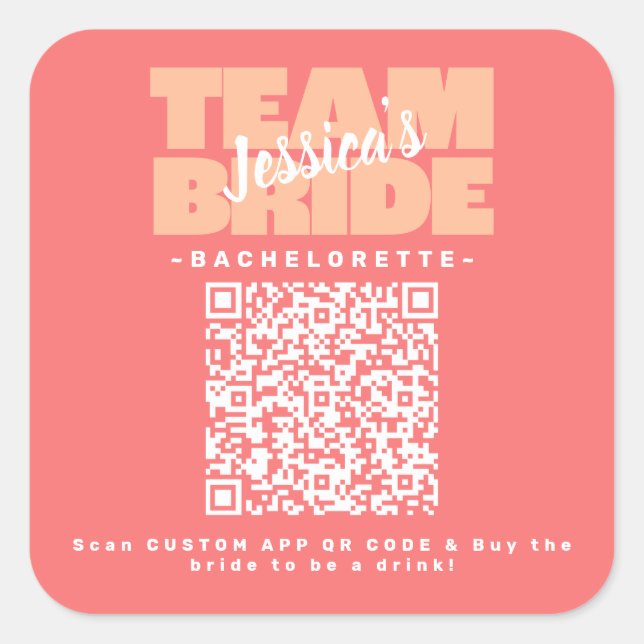 Pegatina Cuadrada Código QR Bachelorette Comprar Bebida Equipo Novia (Anverso)