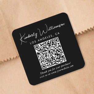 Pegatina Cuadrada Código QR de agradecimiento negro en letra script 
