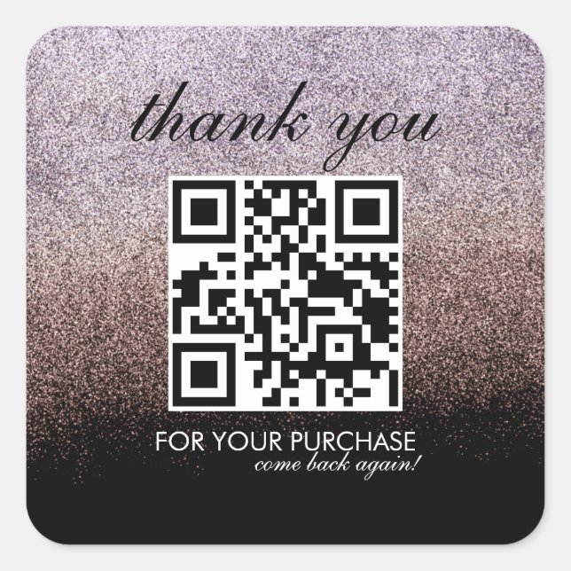 Pegatina Cuadrada Código QR de agradecimiento Script Rosa Brillo Fal (Anverso)