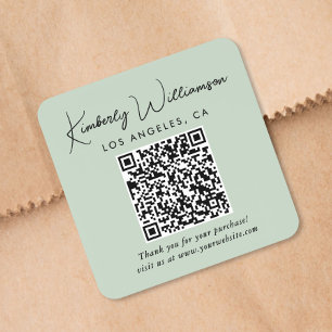 Pegatina Cuadrada Código QR de agradecimiento verde sage con letra s