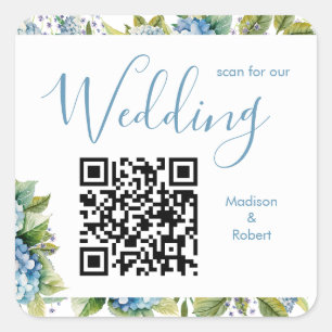 Pegatina Cuadrada Código QR de boda de Hortensias Azules Elegantes