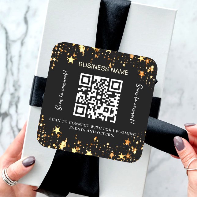 Pegatina Cuadrada Código qr de estrellas de negocios de oro negro (Subido por el creador)