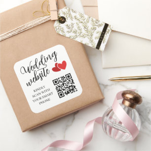 Pegatina Cuadrada Código QR del sitio web de boda Dos Corazones Rojo