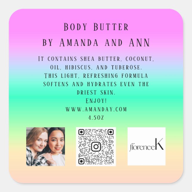 PEGATINA CUADRADA CÓDIGO QR LOGO PRODUCTO FOTOGRÁFICO BALM COSMÉTICA (Anverso)