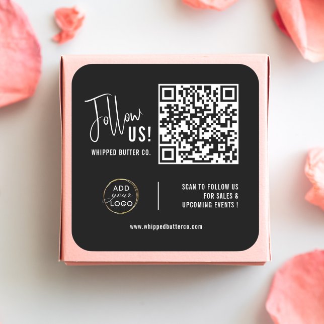Pegatina Cuadrada Código QR minimalista + LOGO Negro Síguenos! (Minimalist QR Code + LOGO Black Follow Us! Square Sticker Small Business promotional products
)