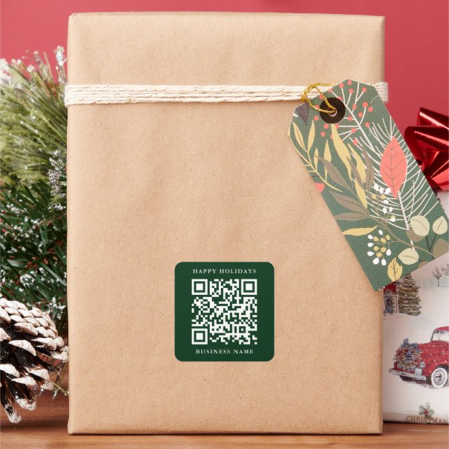 Pegatina Cuadrada Código QR Mínimo Felices Fiestas Comerciales Verde (Vacaciones)
