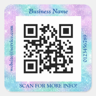 Pegatina Cuadrada Código QR Negocio. Nombre Sitio Web Promo Azul y P