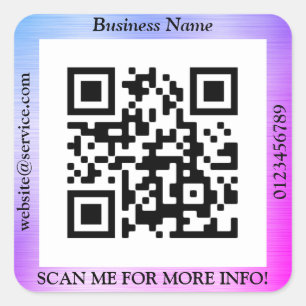 Pegatina Cuadrada Código QR Negocio. Sitio web Promo, Azul y Morado