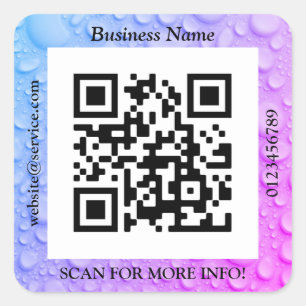 Pegatina Cuadrada Código QR Negocio. Sitio Web Promo, gotas de agua