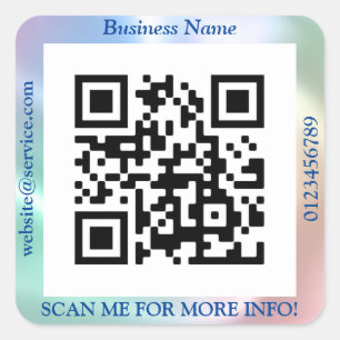 Pegatina Cuadrada Código QR Negocio. Sitio web Promo, Iridescente/Az