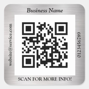 Pegatina Cuadrada Código QR Negocio. Sitio web Promo, Plata Bruñida