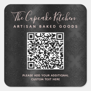 Pegatina Cuadrada Código QR Negro Damask Rosa Claro Tipo Nombre del 