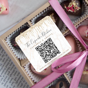 Pegatina Cuadrada Código QR Nombre Comercial Mármol Brillante Dorado